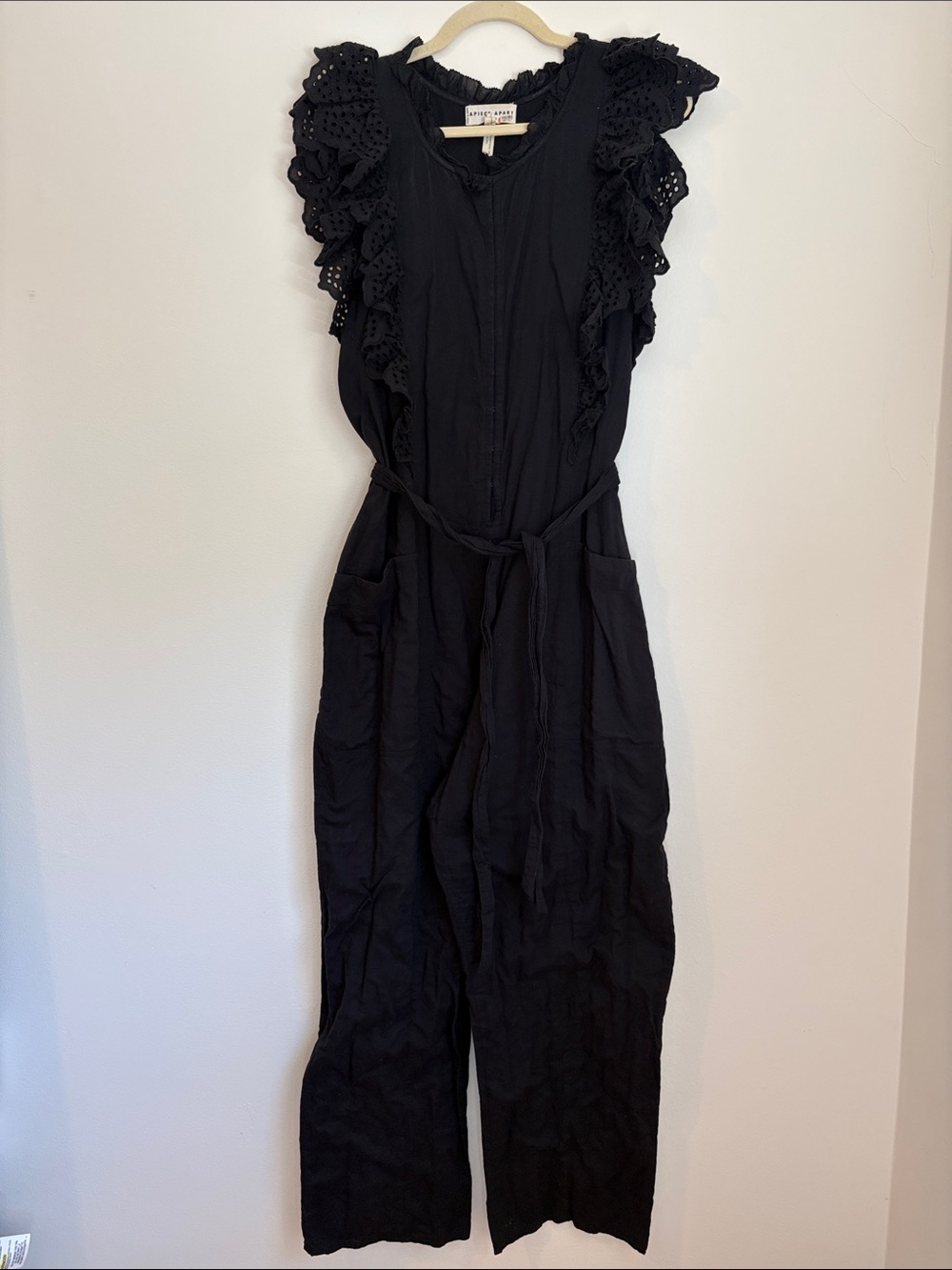 Apiece Apart Black Eyelet-Sleeve Tie-Waist Jumpsuit